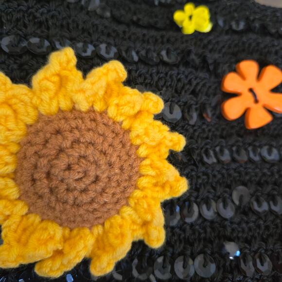 FLR PWR Upcycled Sunflower Hobo bag coin purse black sequin yellow orange - Picture 12 of 17